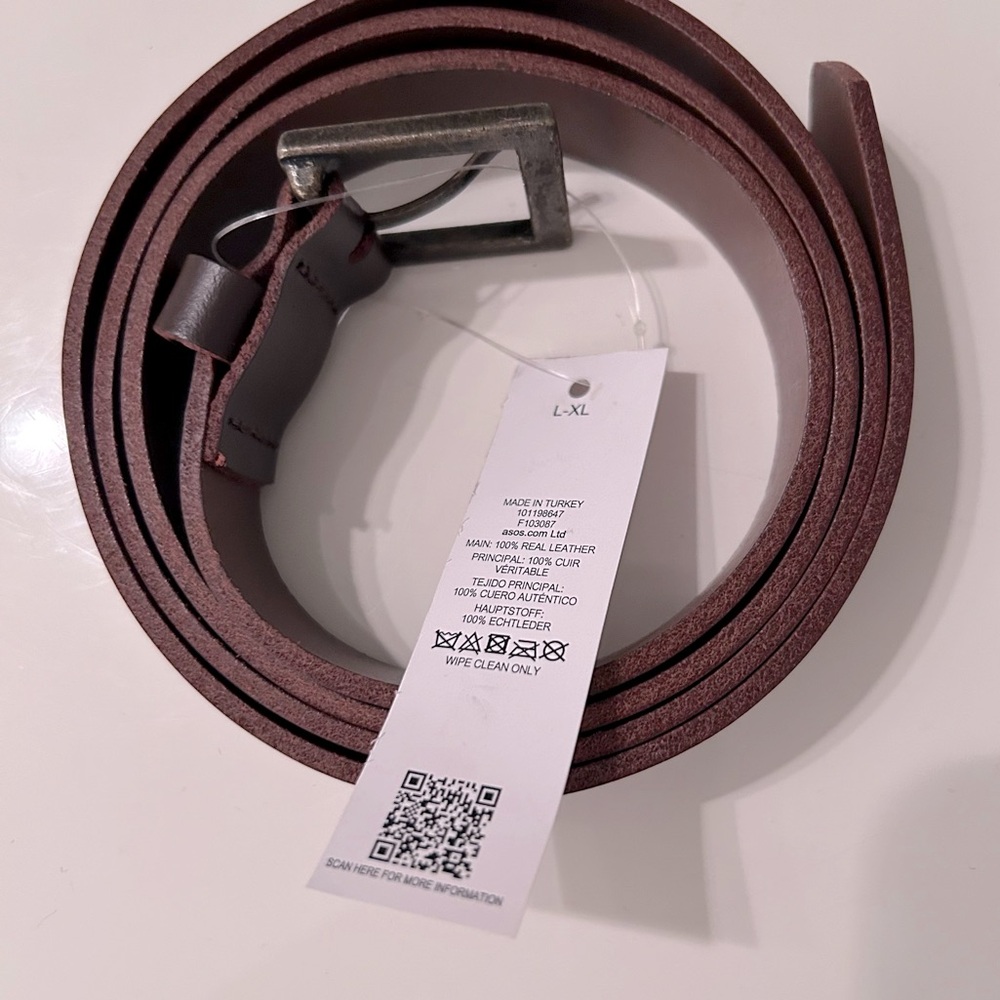 NWT asos design leather skinny belt brown with burnished gold square buckle L XL